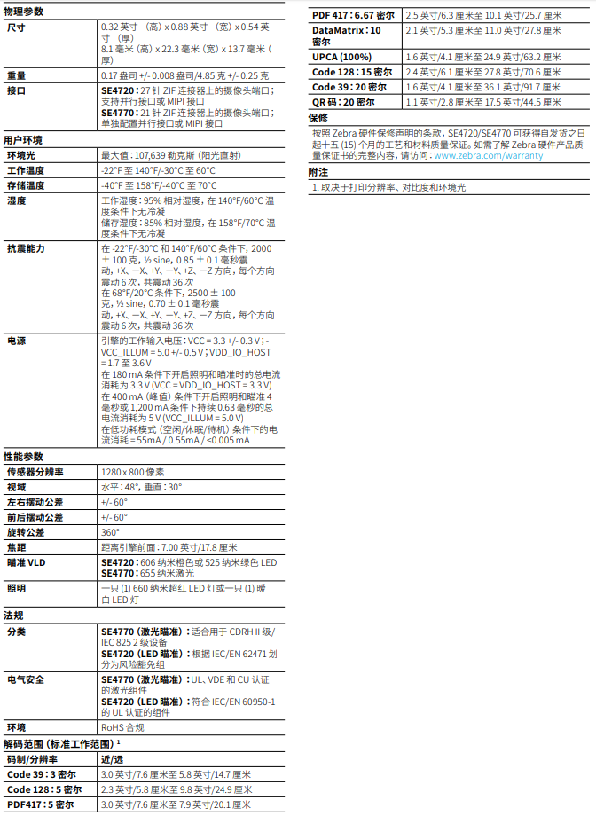 斑馬SE4720/SE4770一維/二維掃描引擎詳細參數(shù)圖